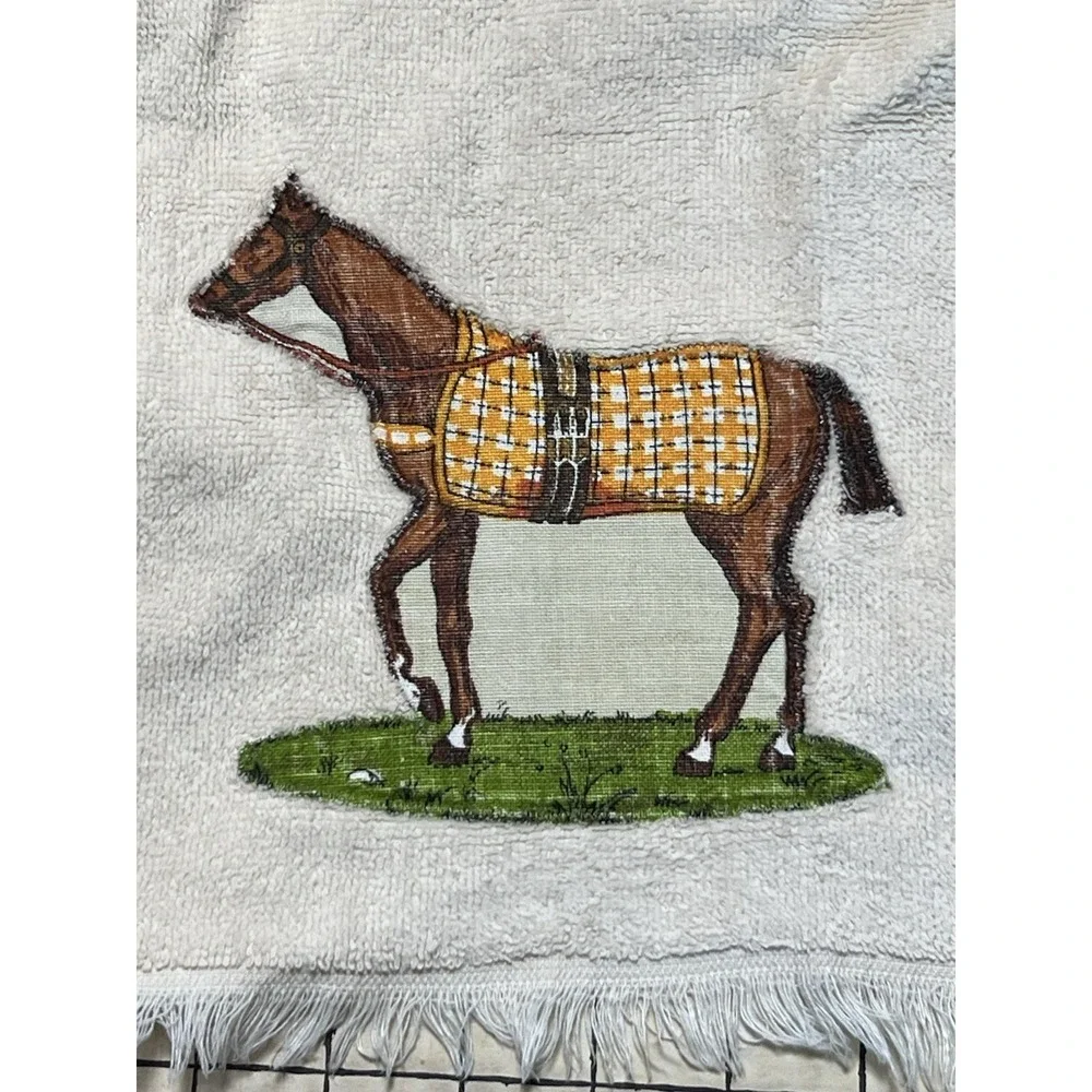 VTG 1960s Martex Hand Towel Sewed Horse/ Western W/Fringe